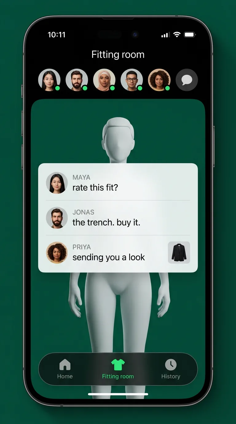 Anthroutfit app — fit check chat over your model: friends rate the look and send pieces