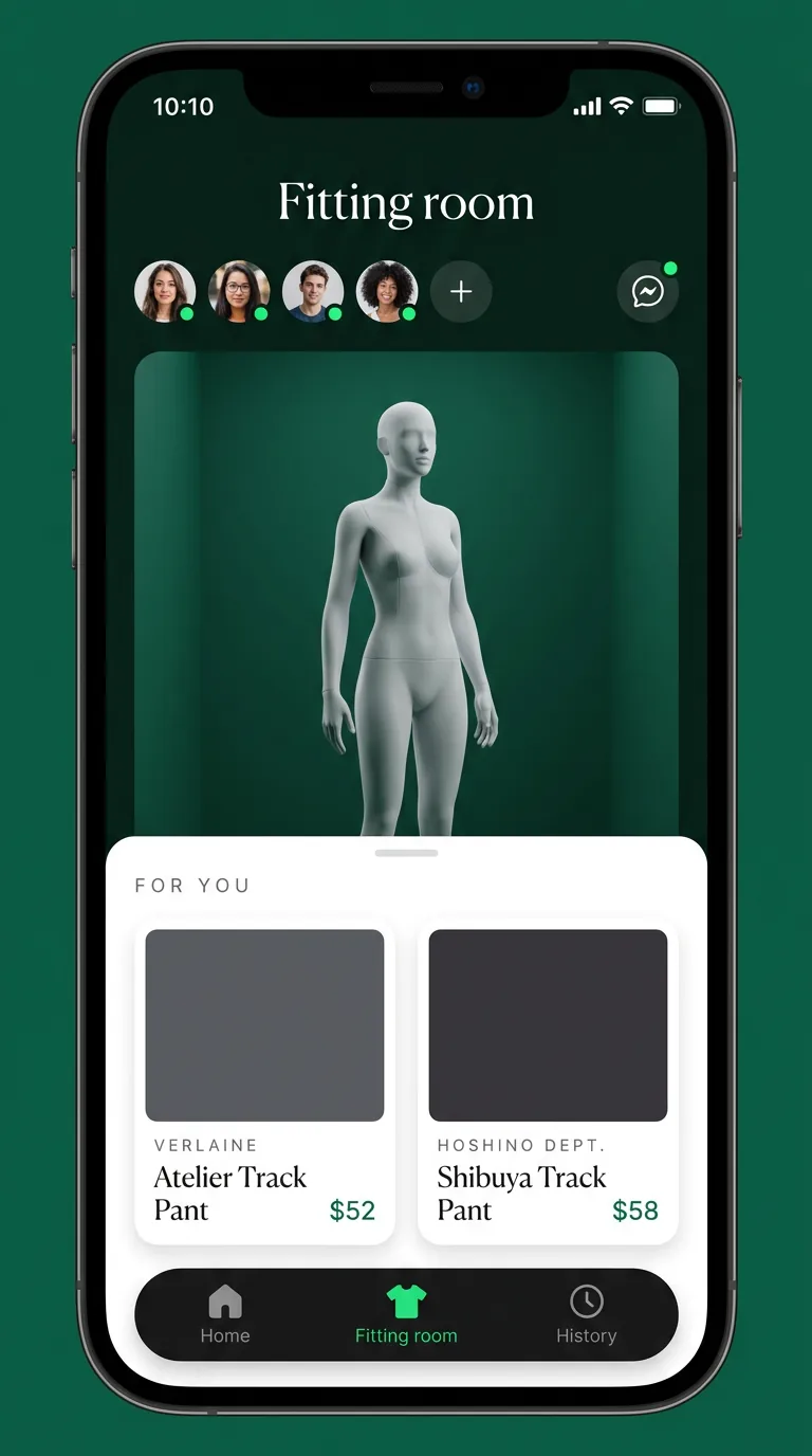 Anthroutfit app — the fitting room: your 3D model, friends online above, recommended sizes priced below